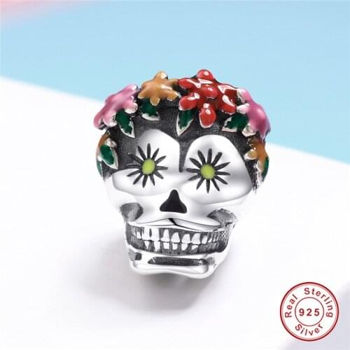 Halloween jewelry charm 100% 925 sterling silver original flower skull beads fit European brand bracelet women DIY gift