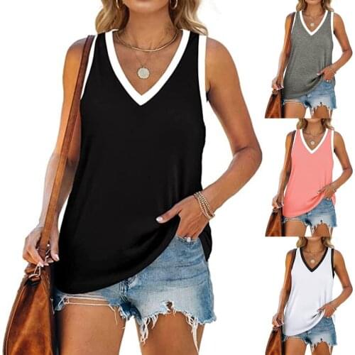 2021 European and American Women Fashional Stripe V-neck Casual Sleeveless T-shirt Contrast Color Neck Band