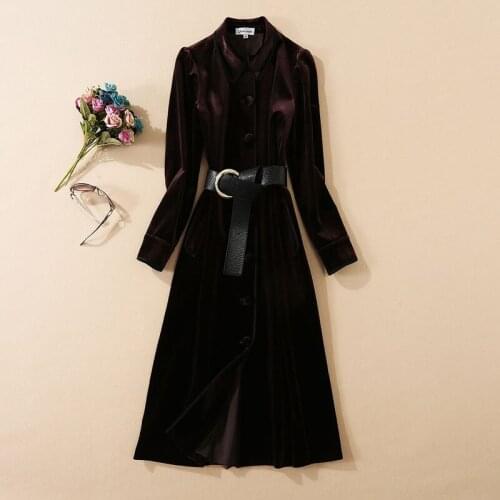 Womens European and American wear 2021 autumn new style Long sleeve lapel single breasted Fashionable belted velvet dress