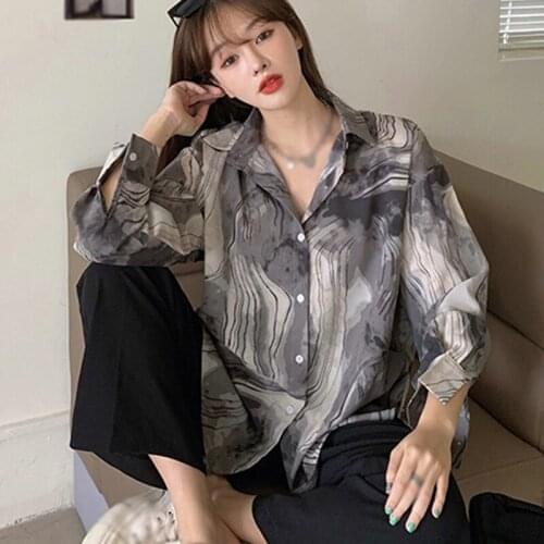 Womens Loose Shirt Autumn Retro Splash Ink Printing Fashion Smudge Long-sleeved Casual Shirt 2020 Womens Clothing
