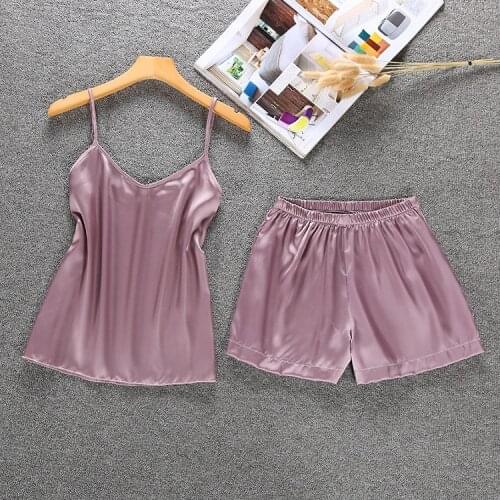 Womens 2PCS Ice Silk Pajamas Suit Sexy V-Neck Strap Top&Shorts Homewear Casual Comfort Nightwear Pyjama Loose Sleepwear M-XXL