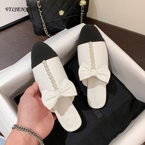 Summer New Style Small Fragrant Wind Pearl Baotou Color Matching Slippers Female Bow Princess All-match Outer Wear Flat Mules