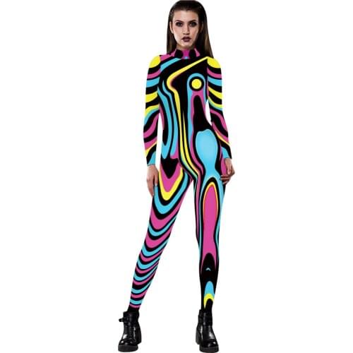 2021 Women Cosplay Costume Long Sleeve Abstract Print Bodysuits Fitness Zentai Jumpsuits for Dance Party Tight Outfit Romper