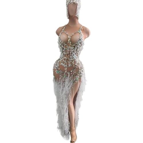 Fashion Crystal Tassel Party Bodycon Dress Women Sleeveless Nude Rhinestone Fringes Dress Birthday Prom Long Dress Stage Clothes