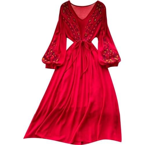 New Spring Autumn Women Sexy V-Neck Long Sleeve Drawstring Slim Long Dress High Quality Embroidery Ethnic Style Vintage Dress