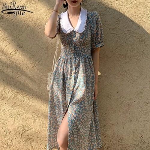 2021 Summer Dress Chiffon Fashion Women Female Puff Sleeve Vintage Floral Print Peter Pan Collar Boho Dress Casual Vestido 14036