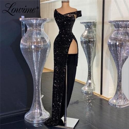 Robe De Soiree Hot Sexy High Split Side Black Party Dresses 2021 Plus Size Cheap Sequins Celebrity Long Dresses Evening Gowns