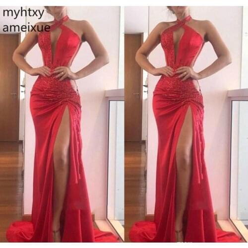 2021 Cheap Sexy Long Red Evening Dresses High Thigh Split Women Sleeveless Wear Party Gowns Plus Size Custom Made Robe De Soiree