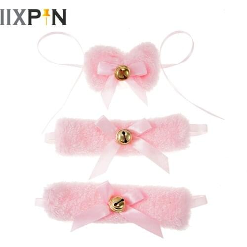 3Pcs Cute Girls Cartoon Cat Bell Plush Wristband Handcuffs Bow Choker Collar Neckwear Maid Anime Lolitas Cosplay Fancy Dress Set