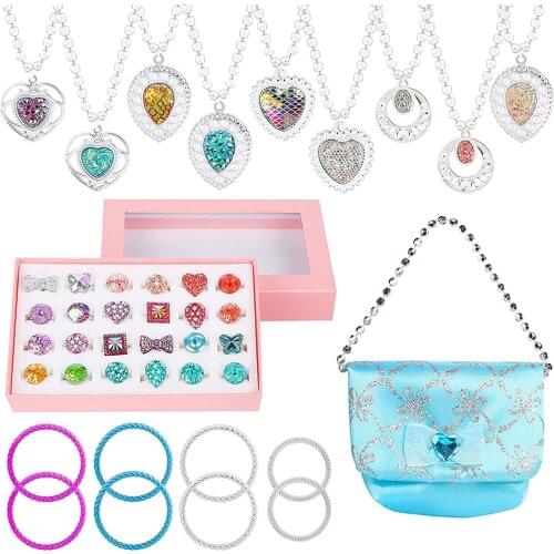 42Pcs Princess Pretend Jewelry Toys Dress Up Included Blue Shiny Handbag Necklaces Rings Bracelets for Girls Simulation Toys