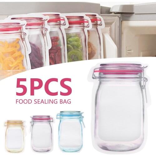 5pcs Reusable Mason Jar Bottles Bags Nuts Candy Cookies Bag Seal Fresh Food Snacks Zipper Sealed Kitchen Organizer Zip Lock Bag