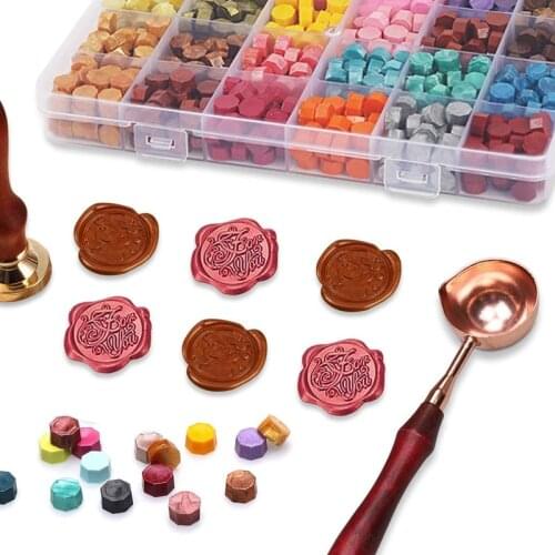 600Pcs Sealing Wax Beads Vintage Wax Seal Kit with 2 Pcs Tea Candles and Wax Spoon Creative Gift 24 Color
