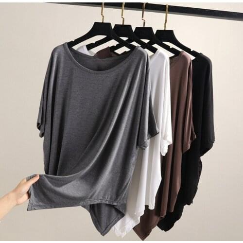 Asymmetrical Modal Solid Women T-Shirts Summer New 2021 O-Neck Batwing Sleeved Loose Casual Female Pulls Outwear Tops Tees