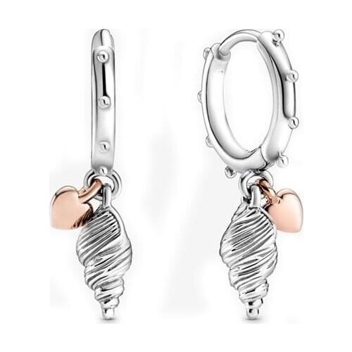 Free Shipping Authentic 925 Sterling Silver Heart & Conch Shell Hoop Earrings For Women DIY Jewelry Gifts For Wife Girlfriend