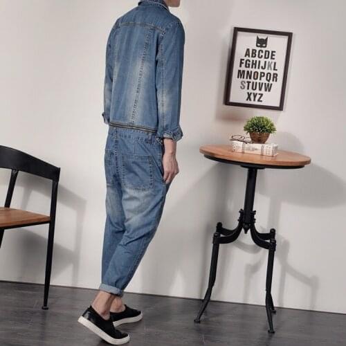 Denim Overalls Mens Autumn Korean Fashion Punk Style Casual Jeans Jacket Ankle-Length Pants Male Pockets Slim Fit Jumpsuits