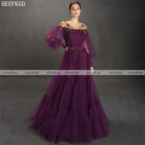 Graceful Purple Long Sleeves Arabic Evening Dress Gold Crystal A Line Tulle Formal Party Dresses Plus Size Women Prom Gown