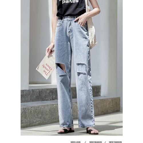 Kliou Casual Women Ladies Summer High Waist Jeans Destroyed Ripped Distressed Slim Cool Denim Pants Streetwear Trousers Blue