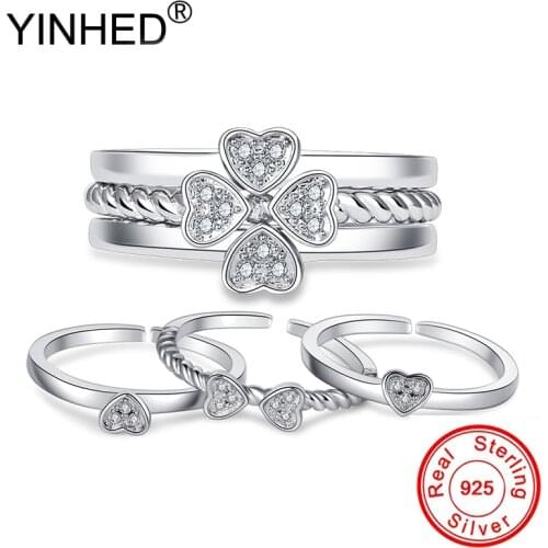 YINHED New Fashion 3pcs In one Four-leaf Clover Ring 100% 925 Sterling Silver CZ Crystal Wedding Rings For Women Girl Gift ZR615