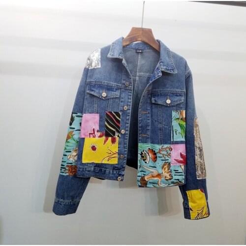Autumn New Fashion Sequins Patch Design Denim Jacket Coat Women Outwear Loose Long Sleeve Outerwear Korean Jeans Jackets Female