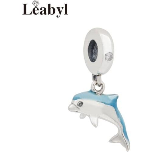 Leabyl New Classic Blue Ocean Series Dolphin Charm Pendant fit Bracelet Necklace Lovely Sea Animal Enamel Bead for DIY Jewelry