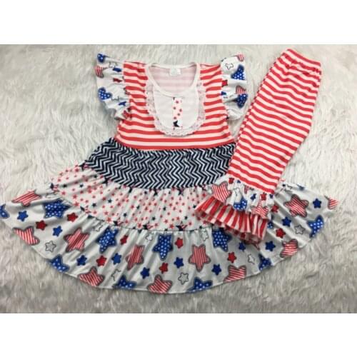 Fashion Children clothing Girls Round-collar Lace stripe flag five-pointed star fold seven point pants cover buttock suit
