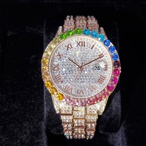 Hip Hop MISSFOX Mens Iced Out Watches Ful Diamond Drill Top Brand Luxury Quartz Wristwatches Steel Watch For Young Man Jewelry