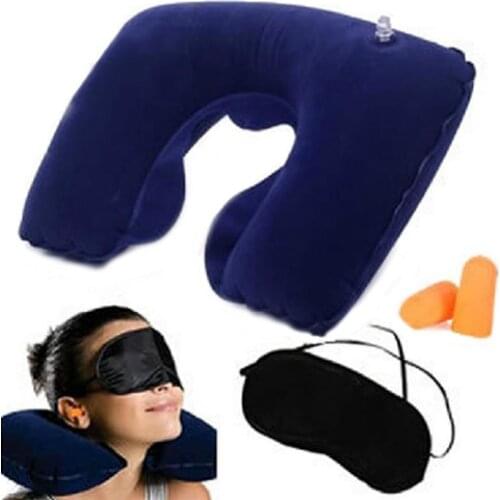 Inflatable Travel Flight Pillow Neck U Rest Air Cushion+ Eye Mask + Earplug