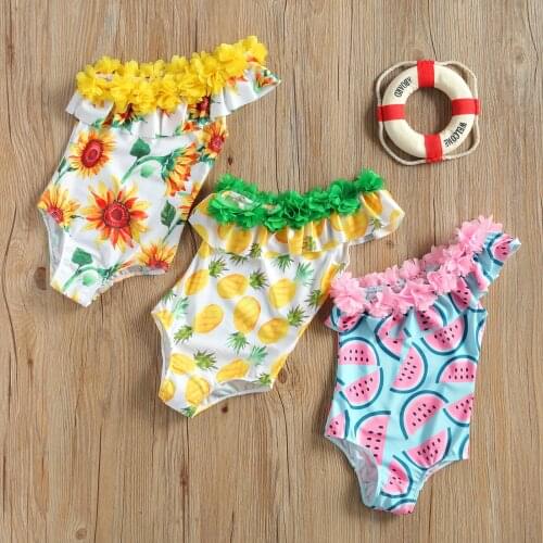 1-5Y Summer Kids Girls Bikini Swimwear Flowers Ruffles One Shoulder Pineapple/Watermelon Print Beachwear