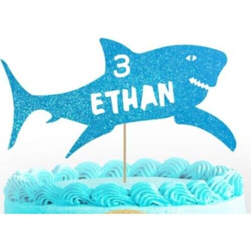 Personalize name age glitter shark blue fish boy birthday Cake Topper -baby shower party cake toppers baptism decoration