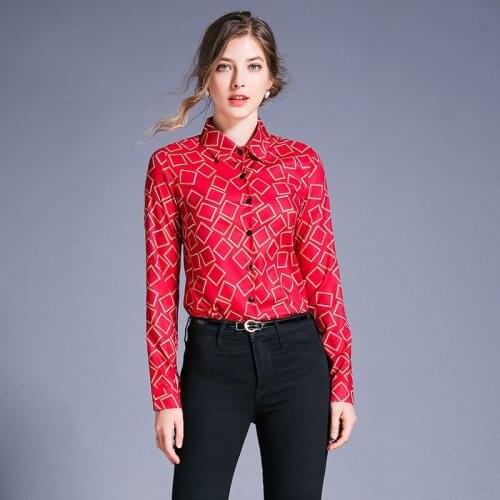 Sexy Red Blouse Women Turn Down Collar Blusa Femme Elegant blusas mujer de moda Geometric blusas elegantes Womens Tops Clothes