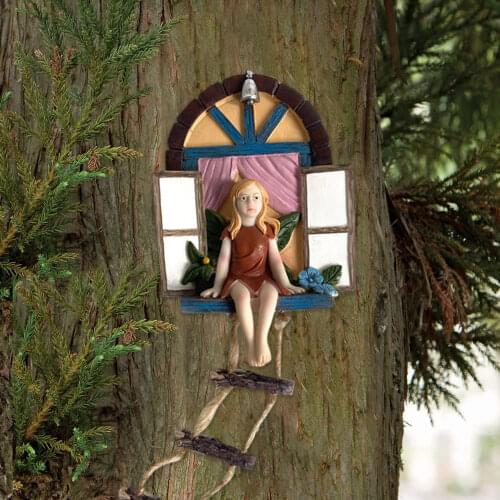 Hanging Tree Sculpture Fairy House with Ladder Home Statue Resin Window Door Garden Figurine for Patio cute yard ornaments