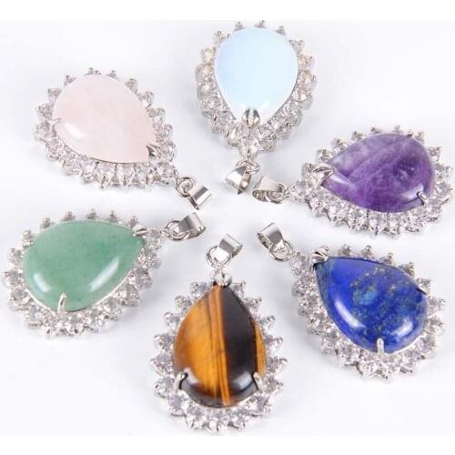 Reiki Natural Gem Stone Water Drop Necklace Pendants Purple Pink Quartz Lapis Lazuli Tiger Eye Opal Rhinestone Jewelry D126A-131