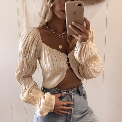 Lantern Sleeve Ruched Top and Blouse Shirts 2020 Off Shoulder Fashion Button Sexy Women Tops Shirt Blouses Elegant Silk Top