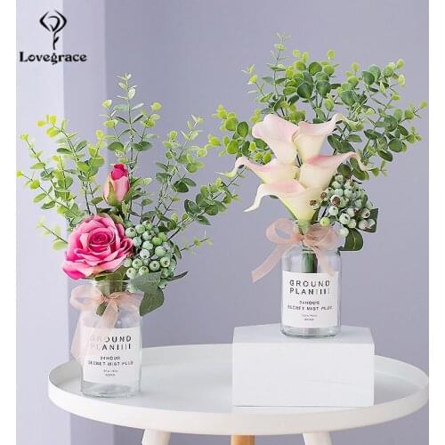 Silk Rose Calla Artificial Flowers Bouquet Green Eucylaptus Small Bouquet Flore Home Party Spring Wedding Decoration Fake Flower