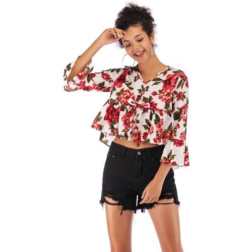 Streetwear Deep-V Ruffles Floral Chiffon Blouse Cropped Top Flower Print Blusa Shirt Summer Flare Sleeve Blouses Short with Bow