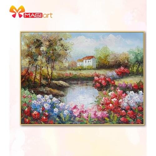 Cross stitch kits Embroidery needlework sets 11CT water soluble canvas patterns 14CT Lake scenery flowers-NCMS085