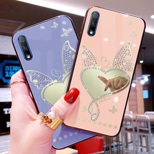 Love Mirror Case For Huawei Honor 20 Pro Butterfly Glitter Glass Back Cover Silicone Shell Case For Honor 9X 8X 20S 30S Cases