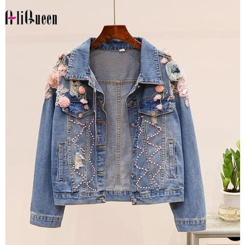 New Autumn Women 3D Flowers Embroidery Appliques Denim Jacket Streetwear Casual Beading Holes Short Jeans Coats Chaquetas Mujer