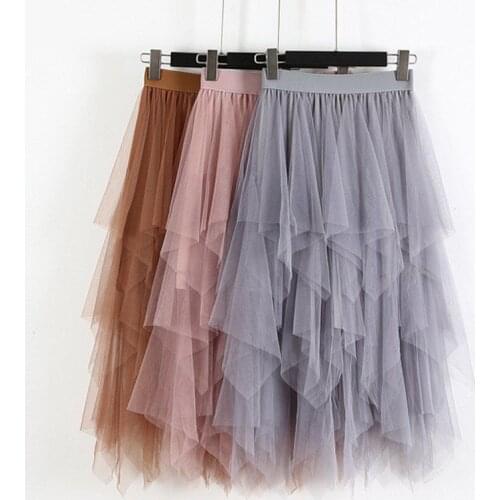 Women Fashion 2021 Spring Party Skirt Elastic High Waist Long Tulle Skirt Irregular Hem Mesh Tutu Skirt