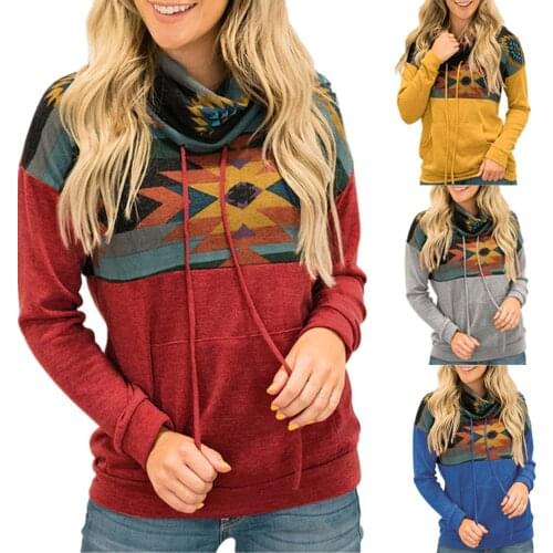 Women Casual Color Block Pullover Cowl Neck Sweatshirt Tops with Pockets Blouse noel Adjustable drawstring Warm high collar F4