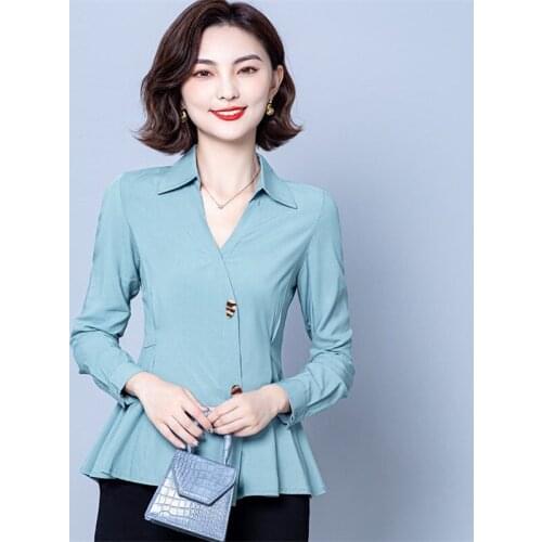 Cotton Women Elegant Slim Temperament Shirts Spring Autumn Polo-Neck Shirring Long Sleeve Blouses Tops Mujer Blusas MM1149