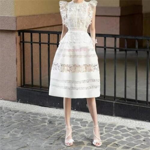 Woman dress female runway 2021 new summer party high waist solid white sleeveless ruffle embroidery lace hollow out womens dress