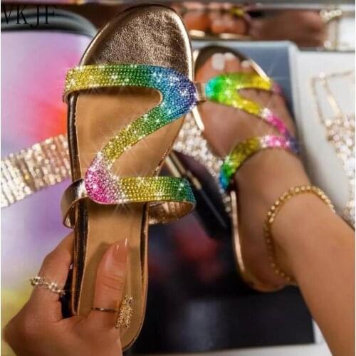 Ladies Sandals 2021 Summer New Large Size Womens Shoes Rhinestone Flat Slippers Womens Beach Shoes