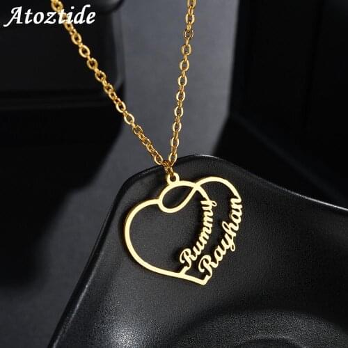 Atoztide New with Personalized Name Necklaces for Women Two Names Heart Nameplate Jewelry Stainless Steel Custom Letter Necklace