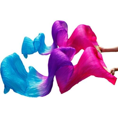 100% Silk Belly Dance Fans Handmade Dyed Belly Dance Long Fans Belly Dancing Accessories 180x90cm Gradient Rose+Purple+Turquoise