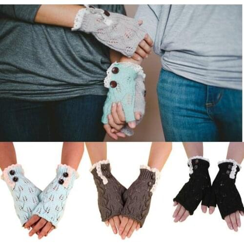 150pairs/lot women winter warm knitted half finger lace glove/Knitted gloves with button
