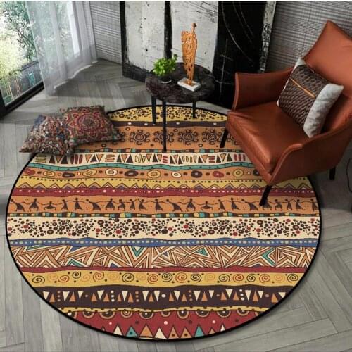 Abstract Geometric tribe National style round carpet Wooden floor protection mat living room Non-slip circular plush floor mat