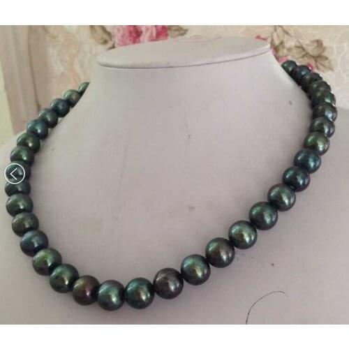 Free shipping gorgeous AAA10-11mm round black green pearl necklace inch 14k