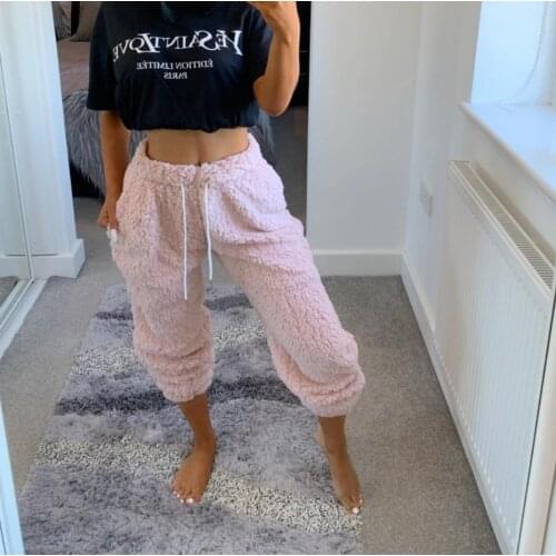 Casual Furry Plush Sweatpants Women Joggers Trousers Plus Size Solid Color Lace-up Soft Warm Home Pants for Female Fleece Pants