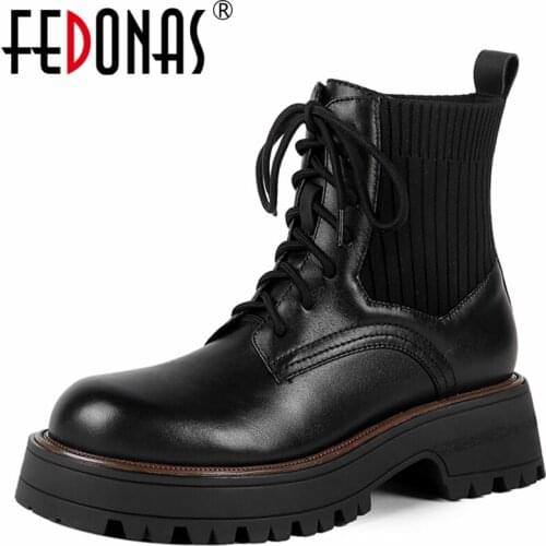 FEDONAS 2021 New Platforms Women Ankle Boots Lace-Up Casual Working Thick Heels Genuine Leather Fashion Splicing Shoes Woman